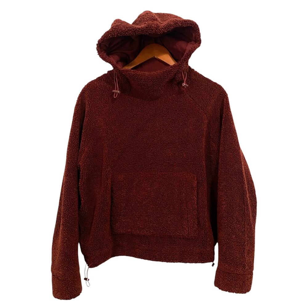 Vince Cozy Pullover Hoodie Small Red Maroon Faux Sherpa Teddy Cropped Sweatshirt - Picture 5 of 16